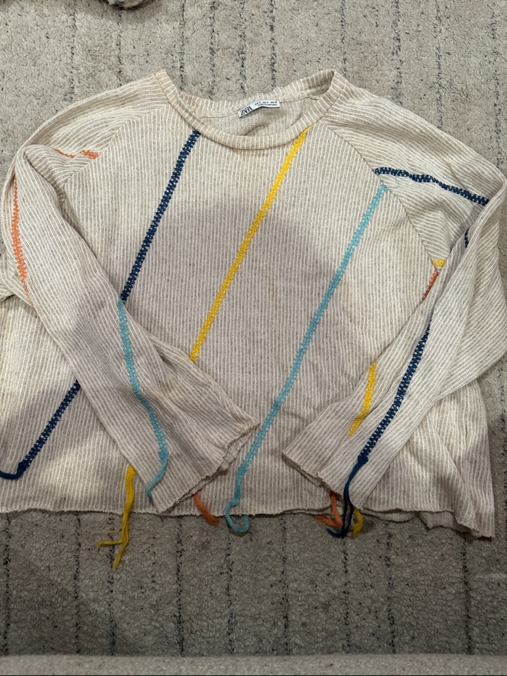 Zara Cream Ribbed Crewneck Sweater with Multicolor Stitching